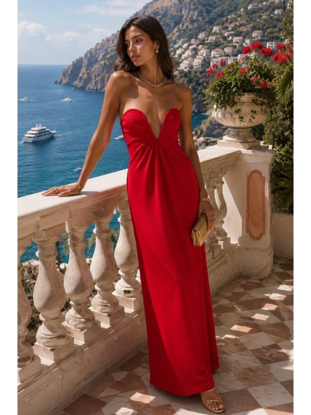 Lulus Womens Thula Maxi Dress Sz Small Red Strapless U-Bar Column Gown Glam Vamp
